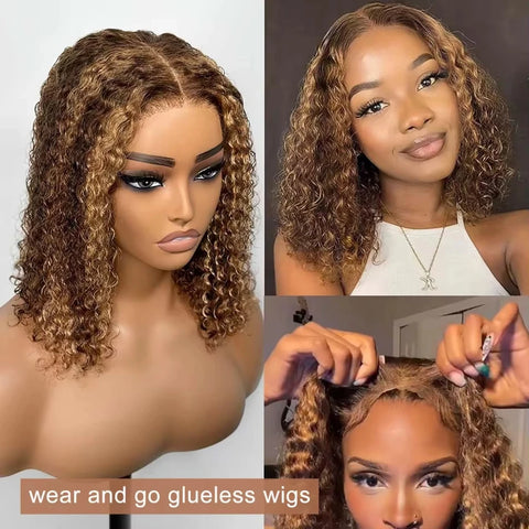 Highlight Glueless Curly Bob Wig Human Hair 100% Ready To Wear Water Wave Human Hair Wig Colored 100% Human Hair Lace Front Wig