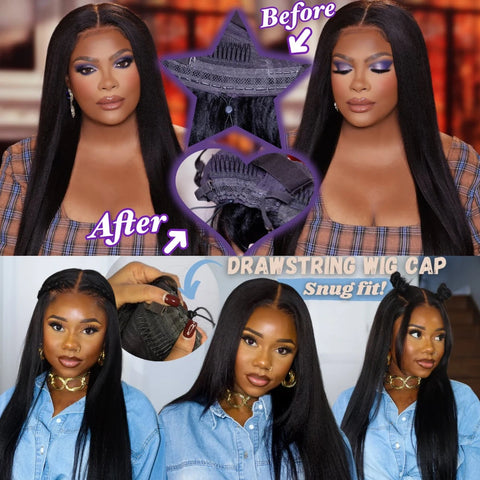 UNice Hair Drawstring Cap Yaki Straight 7x5 Lace Closure Wig Pre Cut Pre Bleached Glueless Wig Human Hair Ready To Wear Go