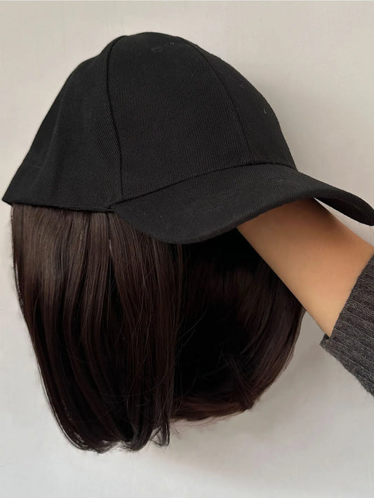 Hat Wigs Synthetic Short Bob Straight Wig With Black Baseball Cap Adjustable Hat Wigs Straight Hair Extensions For Women Fashion