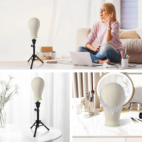 Soft Canvas Wig Head With Tripod Stand 22' Training Mannequin Canvas Head for Hairstyle Display DlY Making Wig Stand With Head