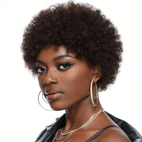 Afro Kinky Curly Pixie Cut Bangs Wig Natural Black Human Hair Short Wig Full Machine Made Wig Natural Looking Replacement Wig