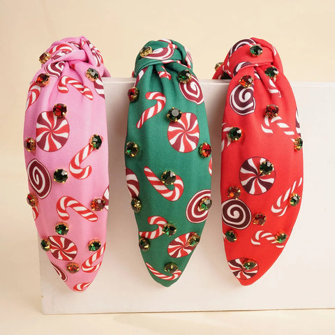 Christmas Magic Wand Red Green Candy Rhinestone Knot Hairband Headband High Apex Hair Accessories Hair Jewerlery