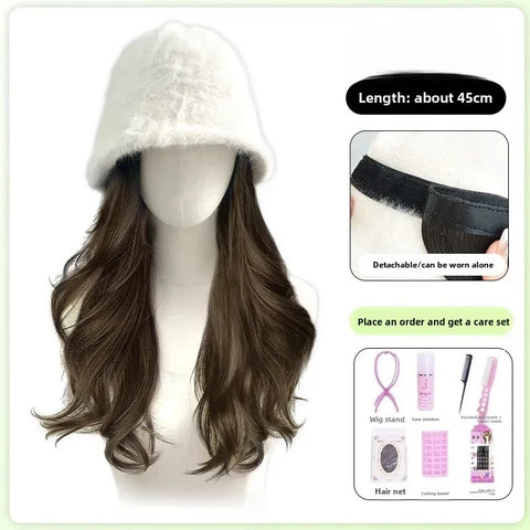 Women's Long Hair Wig Hat Integrated Natural Real Human Hair Fashion Autumn Winter Fisherman Cap Full Head Cover