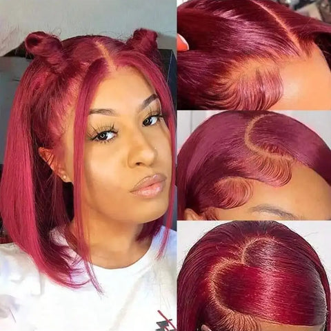 Burgundy 8-34 Inch 200% Straight Bob Wig 13x4 Transparent Lace Frontal Wig Human Hair 99J Red Colored Pre Plucked With Baby Hair