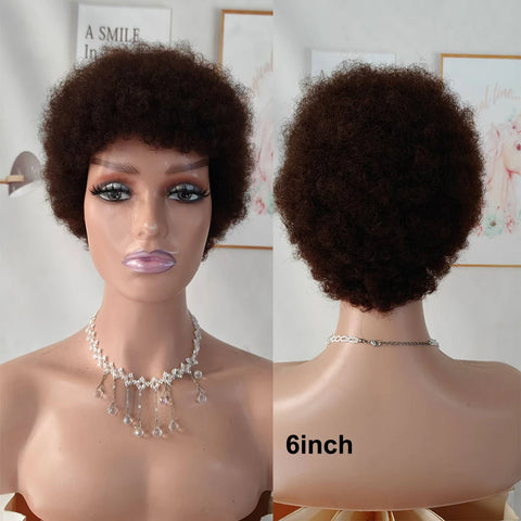 #4 Brown Afro Curly Bob Human Hair Wigs With Bangs For Women Remy Brazilian Kinky Curly Wigs No Lace Full Machine Made Wig