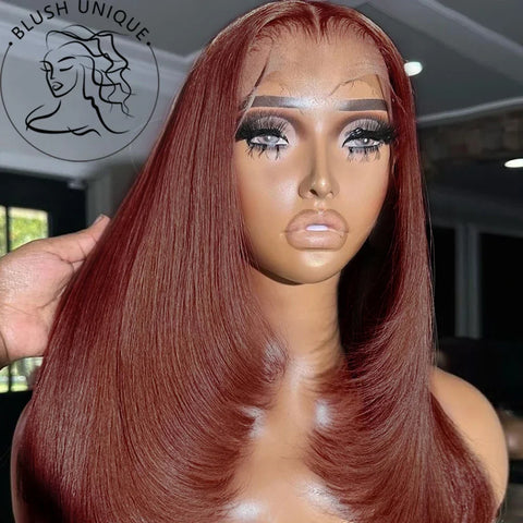 Chocolate Brown with Blonde Layered Straight Lace Front Wig Highlight Skunk Stripe Layered Cut Lace Wigs Synthetic Glueless Wig