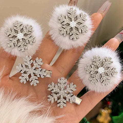 Winter Women Plush Fur Snowflake Hair Clips Sweet Exquisite Rhinestone Duckbill Hairpin Korea Fashion Christmas Hair Accessories