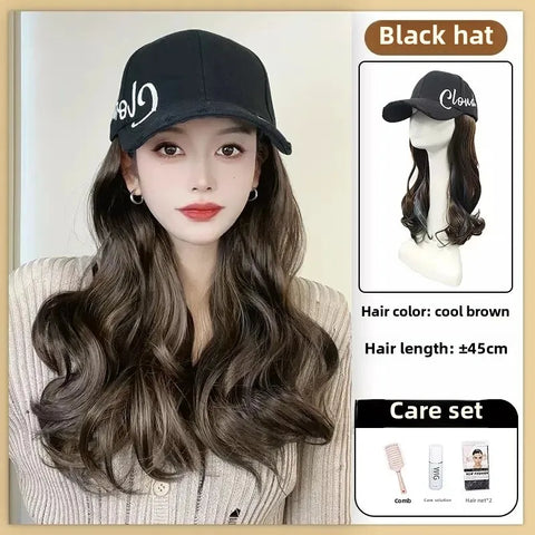 Korean Style Hat Wig Integrated Romantic Casual Face Slimming Long Curling Natural Comfortable Hair for Women