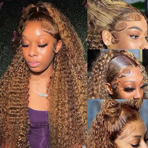 4/27 Curly Highlight Wig Human Hair Preplucked 360 Full Lace Front Wig HD Human Hair Ready to Wear Deep Wave Human Wig for Women