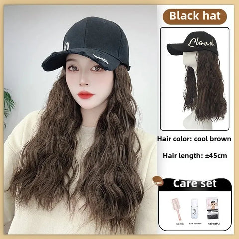 Korean Style Hat Wig Integrated Romantic Casual Face Slimming Long Curling Natural Comfortable Hair for Women