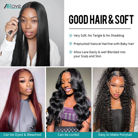 Allove 7X6 Real Glueless Straight Lace Front Wig Ready To Go Natural Color Brazilian 100% Human Hair Easy For Women