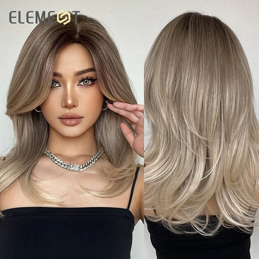 ELEMENT Synthetic Wig Medium Wavy Hair Brown Mixed Blonde Wigs for Women Daily Party Cool Heat Resistant Breathable Headband