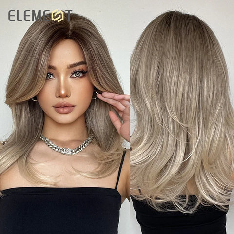 ELEMENT Synthetic Wig Medium Wavy Hair Brown Mixed Blonde Wigs for Women Daily Party Cool Heat Resistant Breathable Headband
