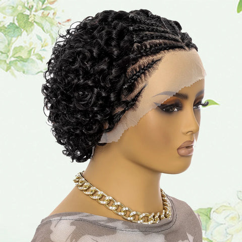 13X4 Curly Braid Human Hair Wigs Short Curly Wave Lace Frontal Wigs With Braided Pre Plucked Water Wave For Women Elegant Style