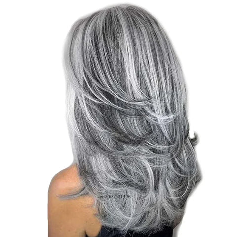 Synthetic Female Wigs Mix Grey Long Layered Wig Natural Silver Gray Wigs Women Salt and Pepper Hair Replacement Carnival Costume