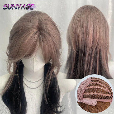 Pink Purple With Black Synthetic Wigs With Bang Jellyfish Head Hair Wig for Women High-layered Wolf Tail Cosplay Heat Resistant