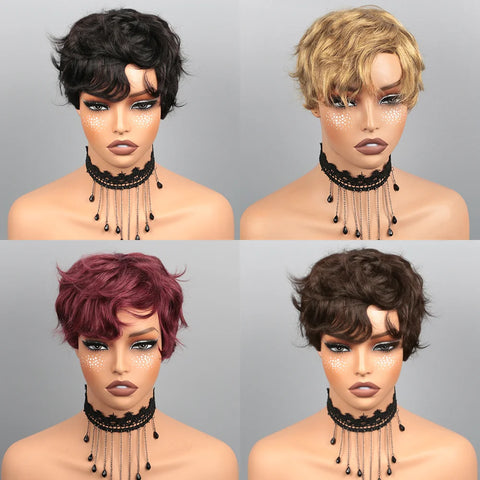 Pixie Cut Wig Human Hair Wig for Black Women Short Bob Wig Short Layered Pixie Cut Wigs Glueless Wig with Bangs