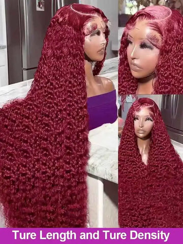 99J Burgundy 250 Density 13x4 HD Lace Front Wigs Human Hair Red Wine 30 Inch Deep Wave Brazilian Curly Glueless Lace Frontal Wig
