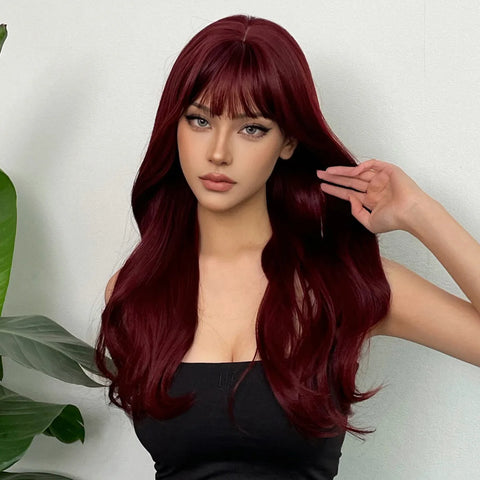 New wine red synthetic wig with bangs big waves long curly hair daily holiday wig high temperature silk full head cover
