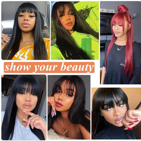 30 32 Human Hair Wig with Bangs Raw Indian Straight Human Hair Fringe Wigs 18-32Inch 180 Density Straight Human Wigs For Women