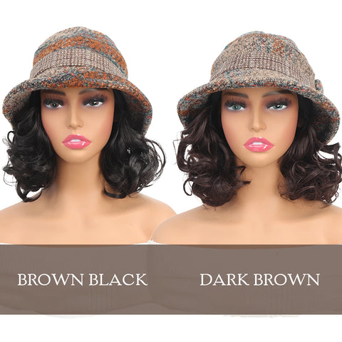 Ocelot Synthetic fisherman hat lazy wig hat woman short curly bow mother wig hat hair extension brown black heat-resistant