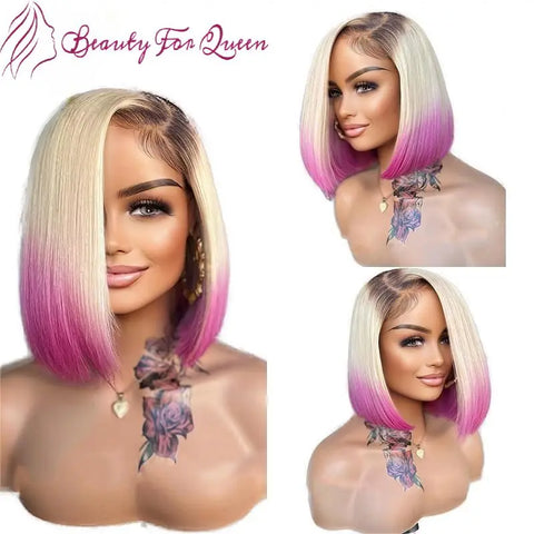 Short Bob Cut Wigs 613 Honey Blonde Lace Front Human Hair Wig Ombre Pink Colored Brazilian Remy Lace Frontal Wig Pre Plucked