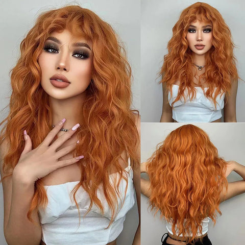 ALAN EATON Brown Highlight Synthetic Wigs with Bangs for Black Women Long Ombre Honey Brown Wave Wig Heat Resistant Hair Natural