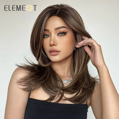 ELEMENT Synthetic Wig Medium Wavy Hair Brown Mixed Blonde Wigs for Women Daily Party Cool Heat Resistant Breathable Headband