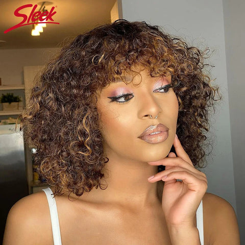 Jerry Curly Short Pixie Bob Cut Human Hair Wigs With BangsGlueless Wig Highlight Honey Water Wave Blonde Colored Wigs For Women
