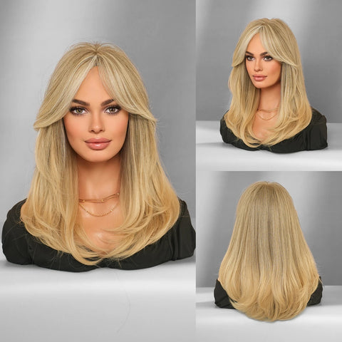 PARK YUN Costume Wig Long Wavy Brown Wig For Women Daily Party Dark Roots Synthetic Blonde Highlight Wigs High Density With Bang
