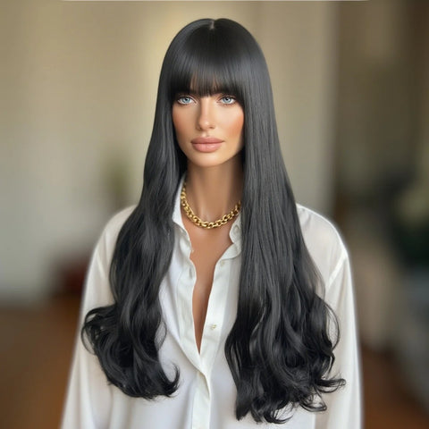Fashion Purple to Gray Ombre Long Wavy Wig with Bangs for Women - 28 Inch Heat Resistant Synthetic Curls, Natural Style, Suitabl