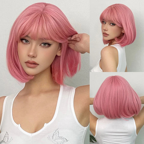 Light Brown Synthetic Wigs Straight Short Bob Cut with Bangs Wig for White Women Korean Daily Party Cosplay Heat Resistant Hair