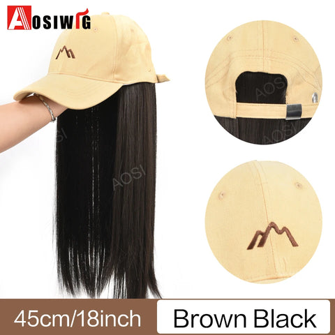 Long Wavy Synthetic Wig Baseball Rice White Cap With Hair Extensions Hat Wigs Natural Black Connect Wig Adjustable For Women