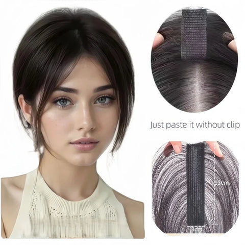 No Clip Toppers Human Hair Fringe Upgraded Magic Paste Hair Toppers Bangs for Women Fluffy Hair Cover Sparse Hair Seams Patches