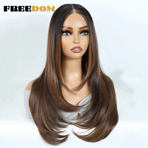 Synthetic Lace Front Wigs For Black Woman Layered Straight Wear and Go Glueless Wigs Ombre Brown T Part & 6x4 Pre Plucked Wig