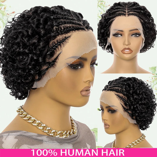 13X4 Curly Braid Human Hair Wigs Short Curly Wave Lace Frontal Wigs With Braided Pre Plucked Water Wave For Women Elegant Style
