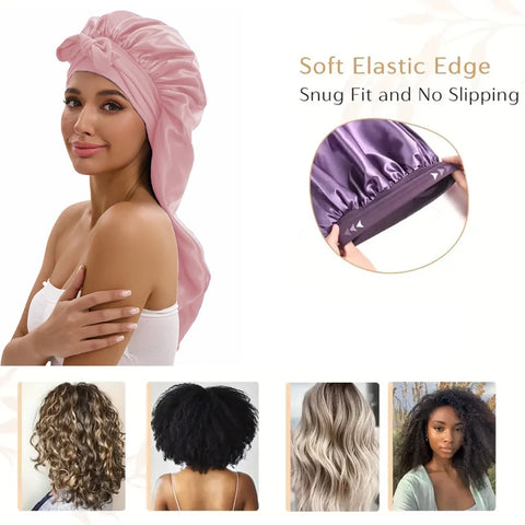 1/2/3pcs Satin Sleep Caps with Ribbon Tie - Black & Pink, Polyester Night Hats for Long Hair, Casual and Stylish Design
