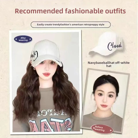 Korean Style Hat Wig Integrated Romantic Casual Face Slimming Long Curling Natural Comfortable Hair for Women