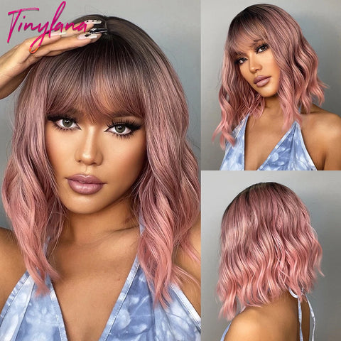 Light Pink Short Wavy Synthetic Hair Wigs with Bangs Cosplay Natural Shoulder Length Bob Wig For Women Afro Heat Resistant Fiber