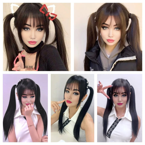 Synthetic wig Lolita cosplay double ponytail long straight hair anime game cosplay hair extensions Halloween Christmas dress up