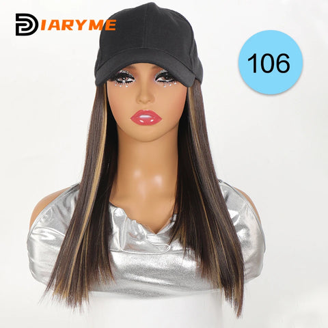 Baseball cap wig Synthetic Wigs With White Black Hat Long Straight Hair Wigs For Women connect Hat One Piece Wig Hat adjustable