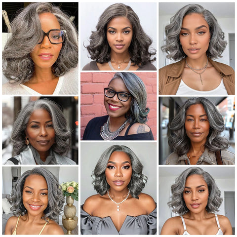 Salt and Pepper WigsGrey bob loose wave wigs Human Hair 6x6 Lace Front Wigs Human Hair Glueless Wigs Brazilian Virgin 14 inch