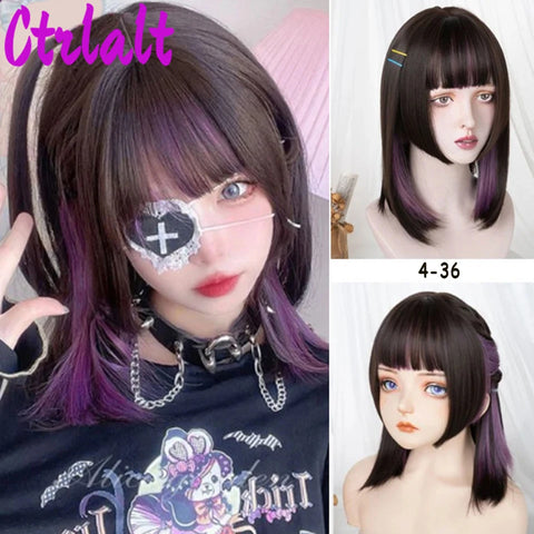 Shoulder Black Brown Layered Synthetic Natural Hair Wigs For Women Body Wave Daily Women's Wig with Curtain Bangs Heat Resistant
