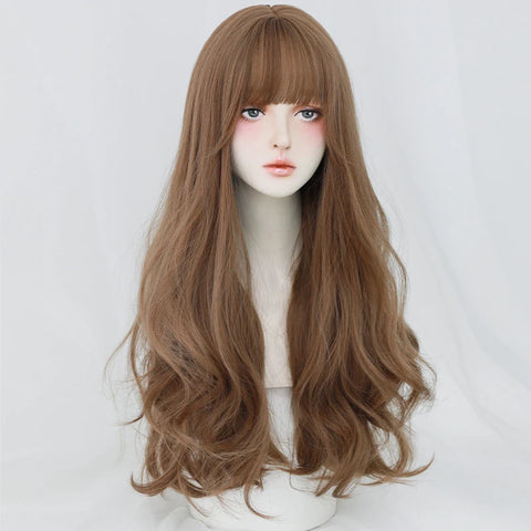 7JHH WIGS Honey Brown Wigs with Neat Bangs High Density Synthetic Loose Brown Hair Wig for Women Daily Use Beginner Friendly
