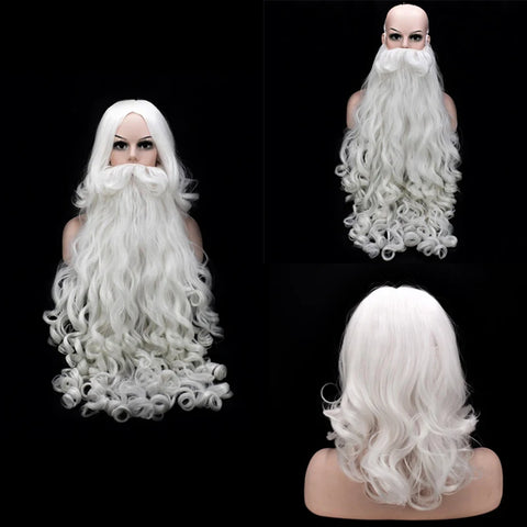 Silk Deluxe White Santa Fancy Dress Costume Wizard Wig and Beard Set 60cm Christmas Halloween New Year Decoration