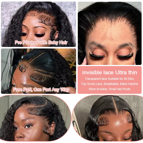 13x6 Short Curly Bob Deep Water Wave Lace Frontal Wigs 7x5 Glueless Wig 100% Human Hair Wig 250% Density 12 14 Inch For Women