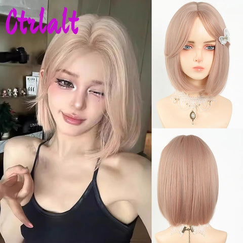 Shoulder Black Brown Layered Synthetic Natural Hair Wigs For Women Body Wave Daily Women's Wig with Curtain Bangs Heat Resistant