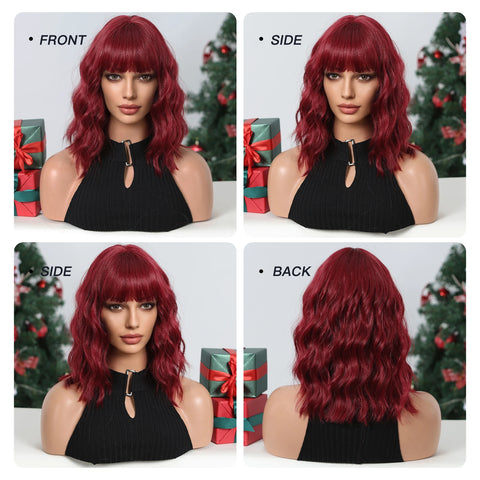 Short Wavy Wine Red Synthetic Wigs for Women Curly Lolita Wigs With Bangs Shoulder Length Wigs Natural Looking Daily Cosplay