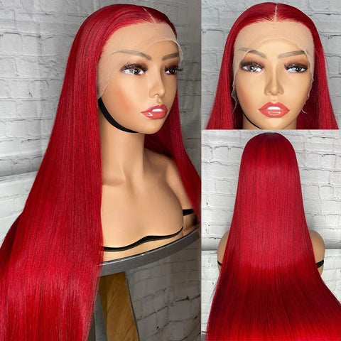 30 40 Inch Brazilian Red 13x6 HD Lace Front Human Hair Wigs 200% Red Color Straight 13X4 Transparent Lace Frontal Wig For Women