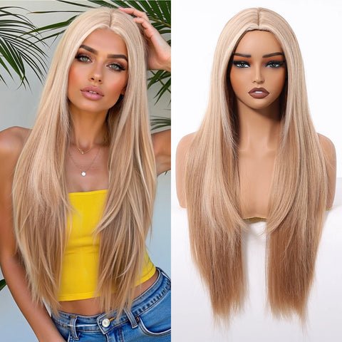 Long Straight Layered Synthetic Wig Ash Blond highlights with Bang for Women Christmas Party Daily Use Heat Resistant Fiber